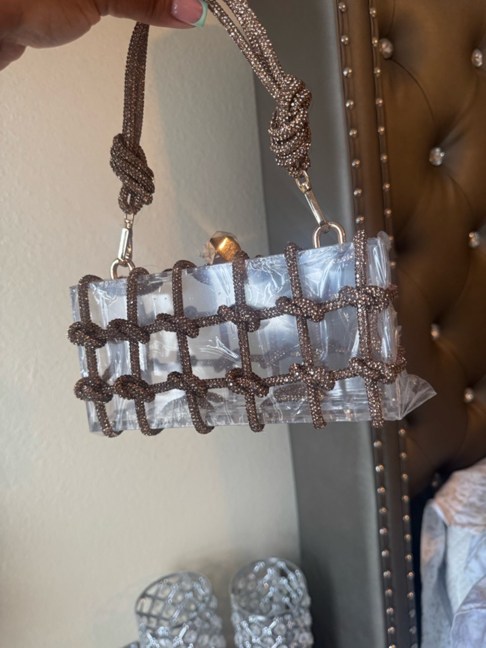 Clear Acrylic Basket with Brown Knot Rope Accent